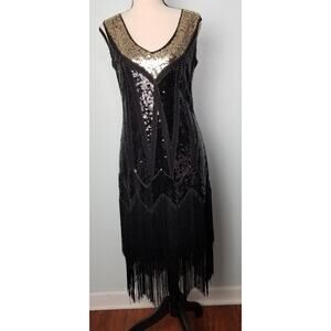 FUNDAISY Sequin Fringe Flapper Dress Black Gold M